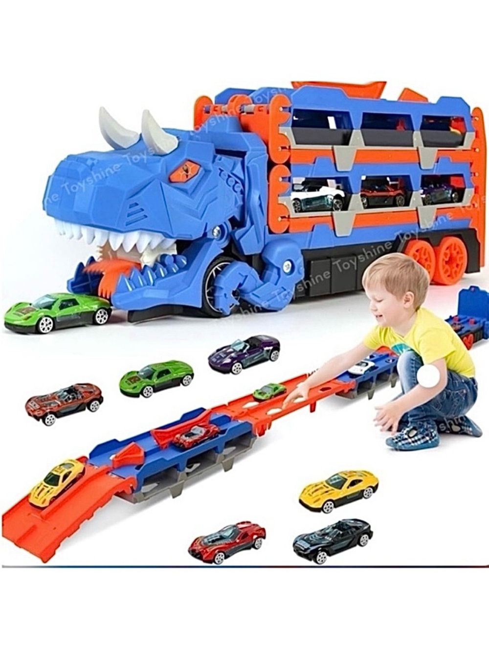 🆕- 2 in 1 Dinosaur Transport Truck w/ Detachable Tracks & 12 Cars. New in Box